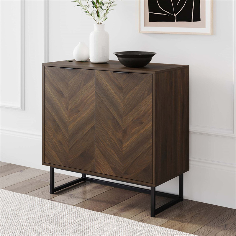 Modern Sideboard Buffet, 32 inch Storage <a href='/accent-cabinet/'>Accent <a href='/cabinet/'>Cabinet</a></a> with Doors in a Rustic Finish and Matte Metal Base for Hallway, Entryway, Kitchen or Living Room, Walnut/Black