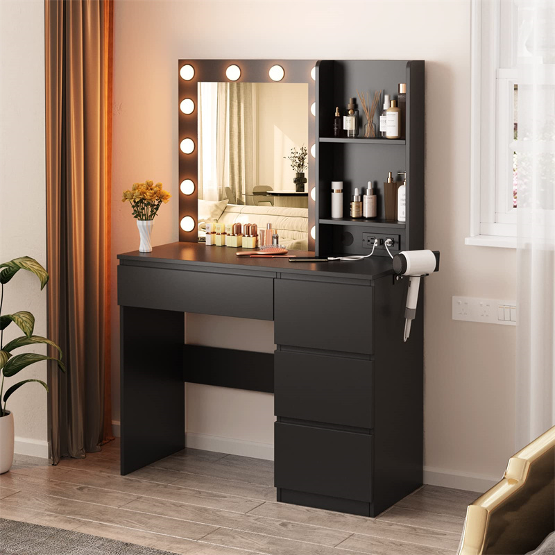 Makeup Vanity with Lights, 37inch Vanity Desk with Power Strip, 4 <a href='/drawers/'>Drawers</a> <a href='/makeup-table/'>Makeup Table</a> with Lighted Mirror, 3 Lighting Colors, White