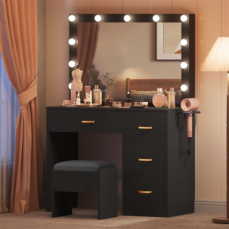 Makeup Vanity with Large Lighted Mirror, Vanity with Power Outlet, 3 Color Lighting Modes, Adjustable Brightness, 4 <a href='/drawers/'>Drawers</a> Vanity with Cushioned Stool for Women Girls, Pearl-White