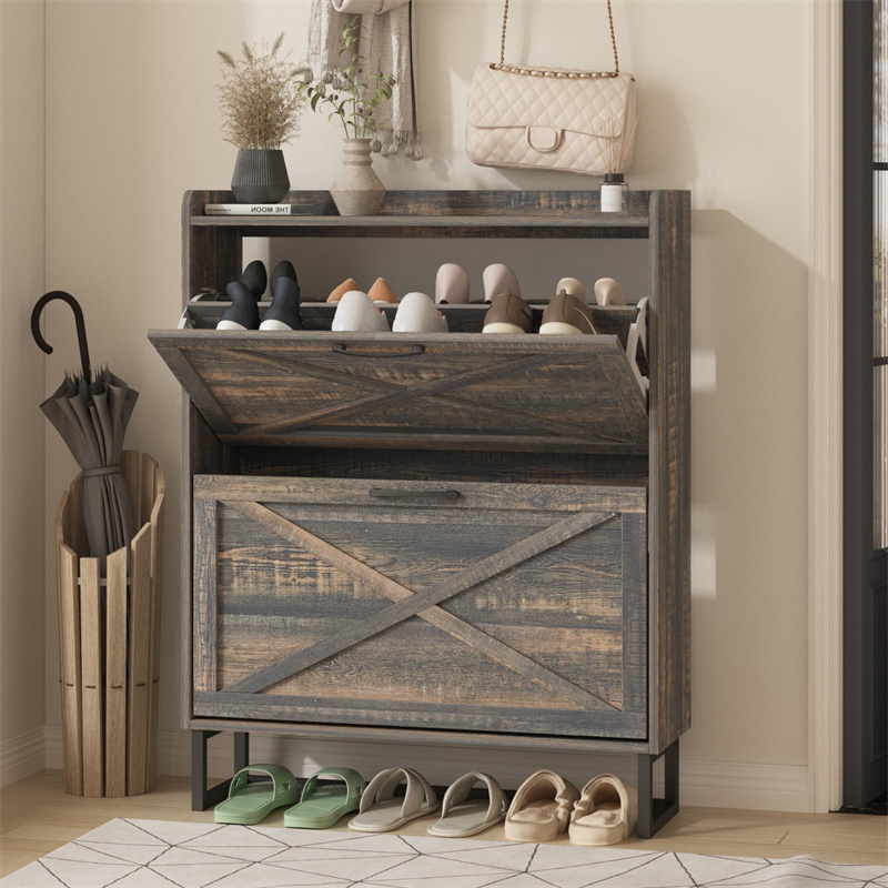 Shoe Storage <a href='/cabinet/'>Cabinet</a> with 2 Flip <a href='/drawers/'>Drawers</a>, Freestanding Organizer with Metal Legs for Entryway, Narrow Shoe Rack Cabinet, Rustic Brown