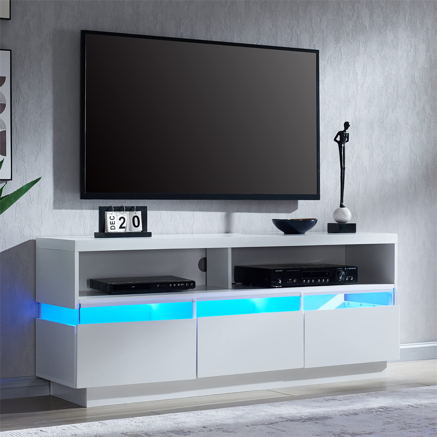 LED TV Stand for 65 Inch TV, Modern Gaming Entertainment Center with LED Lights, Media Storage Console Table with Large Sliding Drawer & Side <a href='/cabinet/'>Cabinet</a>s for Living Room, Solid White, 58 Inch