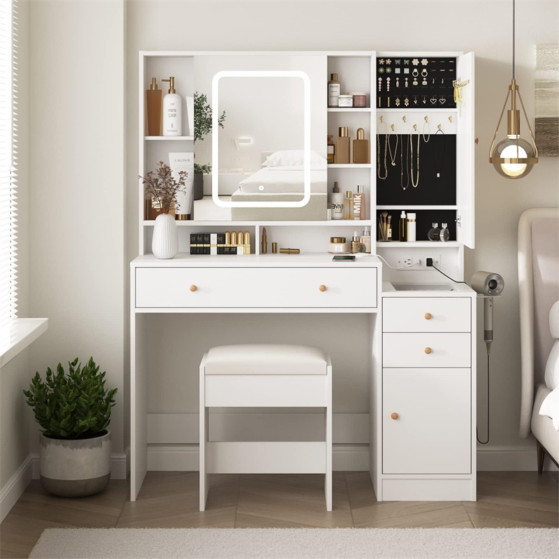 White Vanity Desk with Mirror and Lights, Vanity Table Makeup Vanity with Lights 3 <a href='/drawers/'>Drawers</a> and <a href='/cabinet/'>Cabinet</a>s, Charging Station & Sliding Door, Lots Storage Shelves