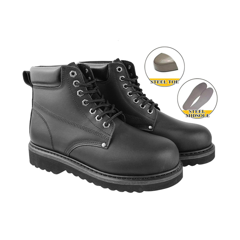 Black Goodyear Welt Grain <a href='/leather-shoes/'>Leather Shoes</a> with Steel Toe and Midsole