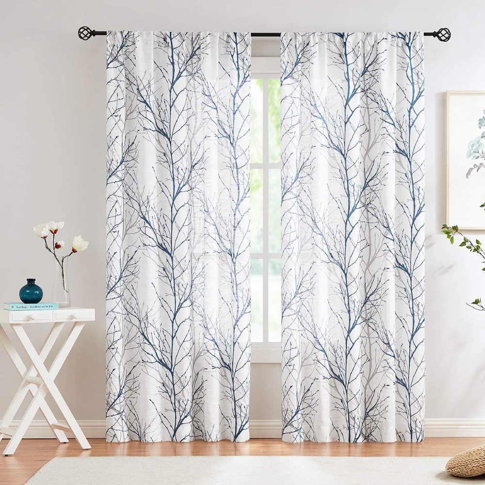 Blue White Sheer <a href='/curtain/'>Curtain</a>s for Living Room Privacy Grey Tree Branch Print Curtain for Bedroom Linen Textured Country Curtain Set 