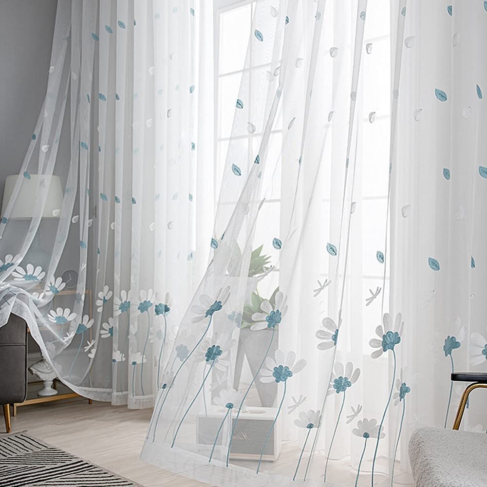 Blue Embroidered Semi Sheer <a href='/curtain/'>Curtain</a>s for Living Room，Bedroom  Grommet Top Embroidery Curtains Two Panels