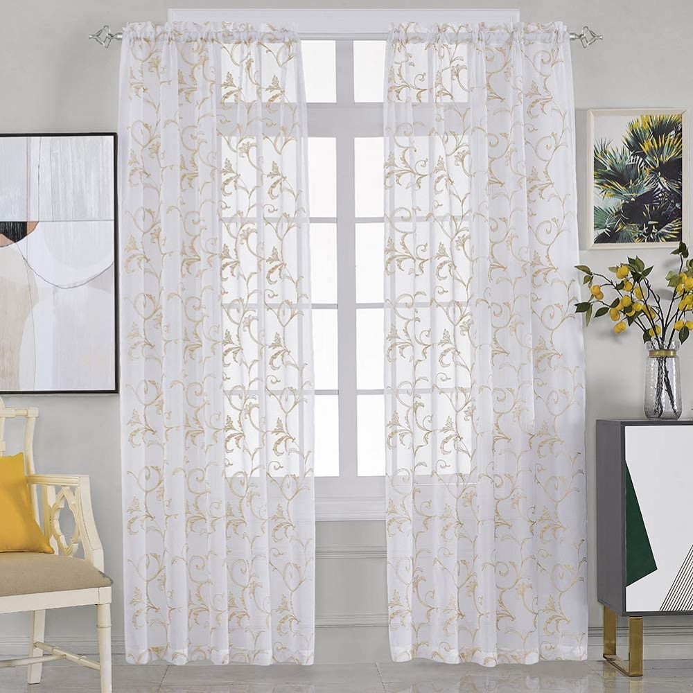 Embroidery Beige Sheer <a href='/curtain/'>Curtain</a>s Rod Pocket Sheer Drapes for Living Room Bedroom Vintage Semi Crinkle Voile Window Treatments