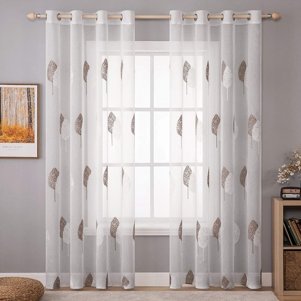 2 Panels Leaves Embroidery Sheer <a href='/curtain/'>Curtain</a>s Grommet Window Curtain Semi Voile Drapes Panels for Living Room Bedroom 