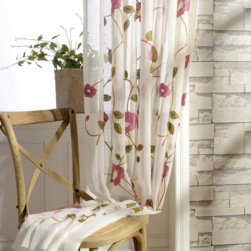 Floral Embroidered White Sheer Window Curtains (1)