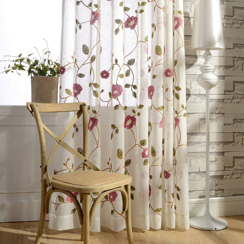Floral Embroidered White Sheer Window Curtains (3)