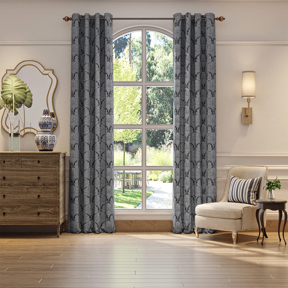  <a href='/blackout-curtains/'>Blackout <a href='/curtain/'>Curtain</a>s</a> - Set of 2, Dark Slate Blue Leaf Pattern, 100% Light Blocking, Thermal Insulation, Sound Filtering - Traditional Design with Grommet Heading