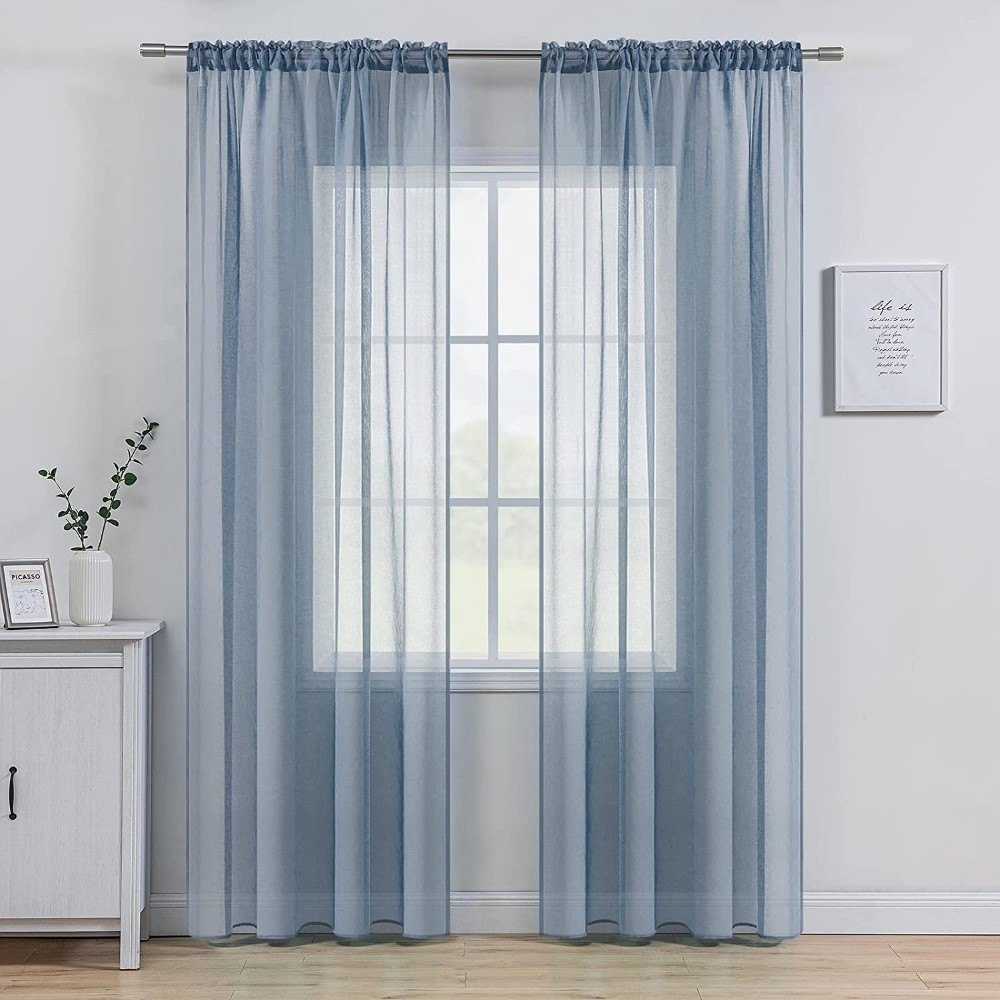 Dusty Blue Linen Textured Sheer <a href='/curtain/'>Curtain</a> for Bedroom/Living Room Semi Transparent Farmhouse Window Net Panels with Rod Pocket 