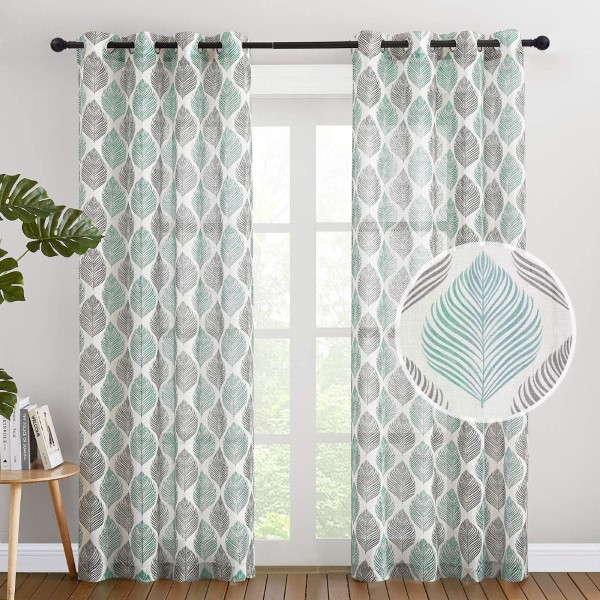 Dairui Textile Flax Linen Sheer Window Curtains  Grommet Green & Black Floral Pattern Rustic Vertical Drapes 
