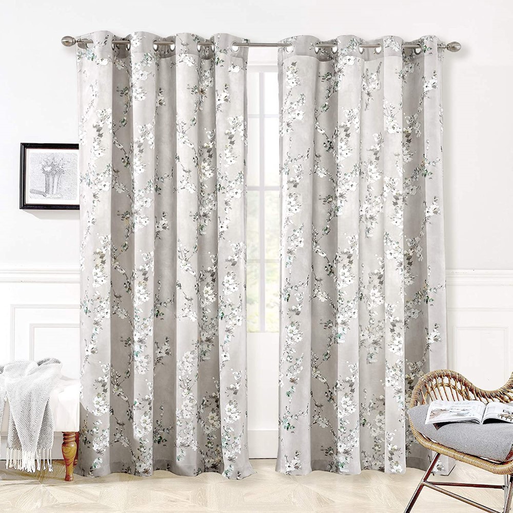 Dairui Textile Thermal Room Darkening Grommet Unlined Window <a href='/curtain/'>Curtain</a>s Blossom Floral Pattern 2 Panels 50 Inch by 84 Inch Blue Gray