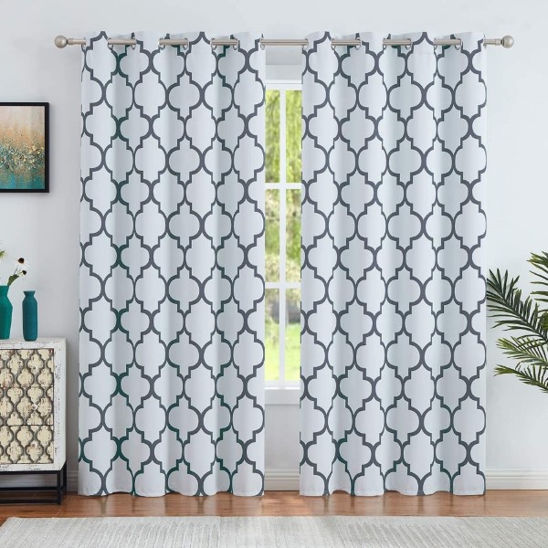 Dairui Textile Printed <a href='/blackout-curtains/'>Blackout <a href='/curtain/'>Curtain</a>s</a> Grey Lattice Moroccan & White Durable Canvas Textured Weave Curtain 