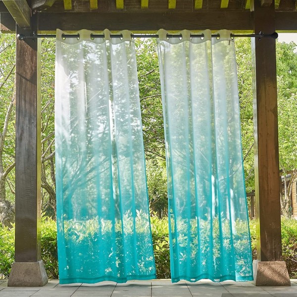 Waterproof White Turquoise Ombre Outdoor Sheer Patio <a href='/curtain/'>Curtain</a>s Rustproof Grommet Linen Vertical Drapes Semi Sheer 