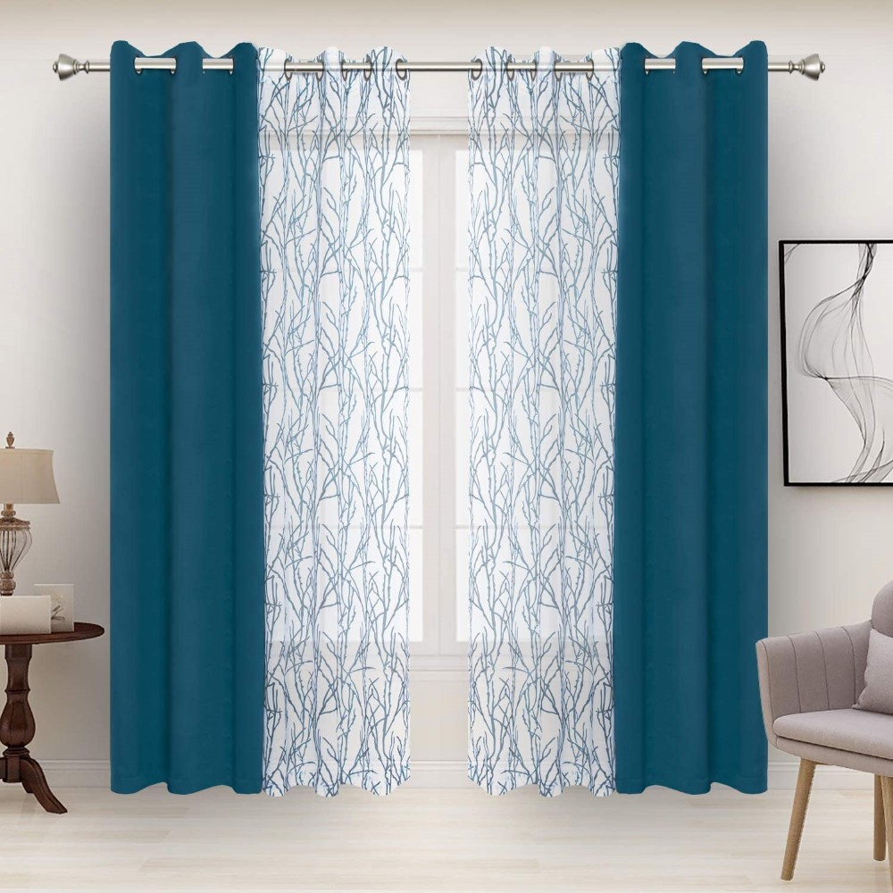 Mix and Match Curtains 2 Pieces Branch Print Sheer Curtains and 2 Pieces <a href='/blackout-curtains/'>Blackout Curtains</a> for Bedroom Living Room Grommet Window Drapes
