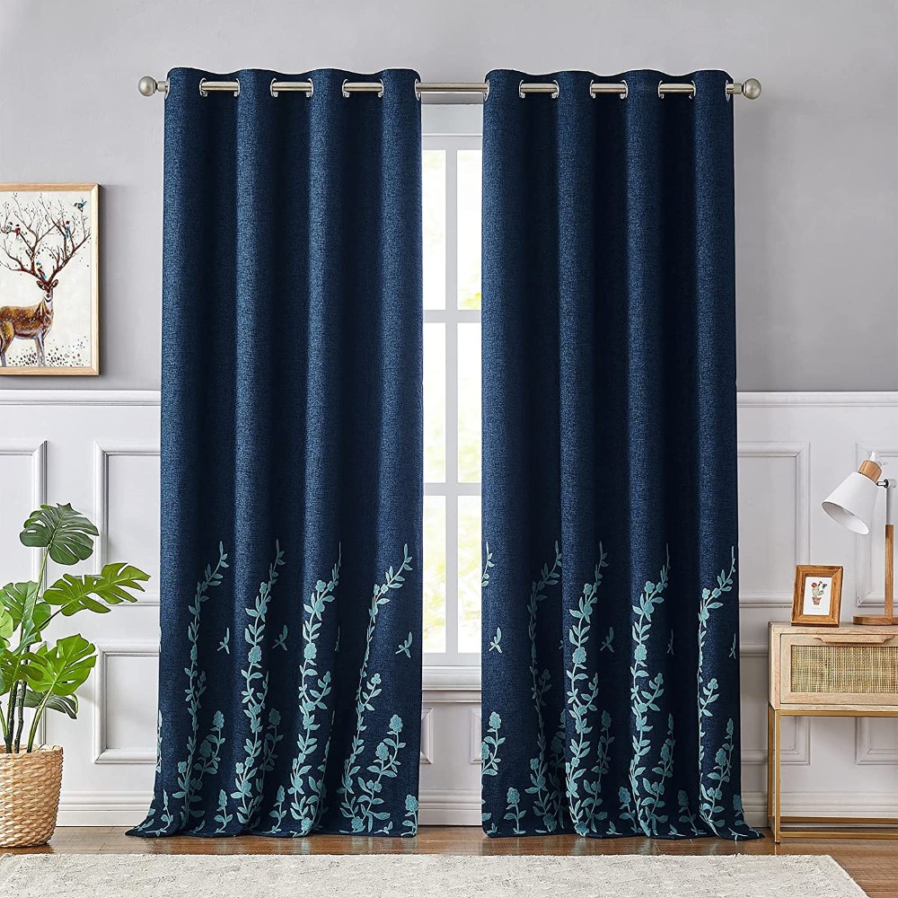Flower Embroidery Linen Textured <a href='/blackout-curtains/'>Blackout Curtains</a> for Living Room Bedroom Silver Grommet Window Drape, Navy/Blue