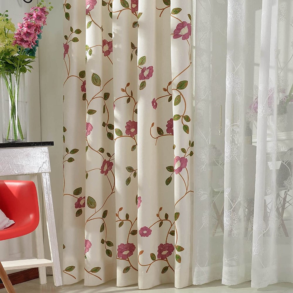 Grommet <a href='/curtain/'>Curtain</a>s 84 Inch Length Red Floral Embroidered Elegant Window Drapes for Living Room Bedroom