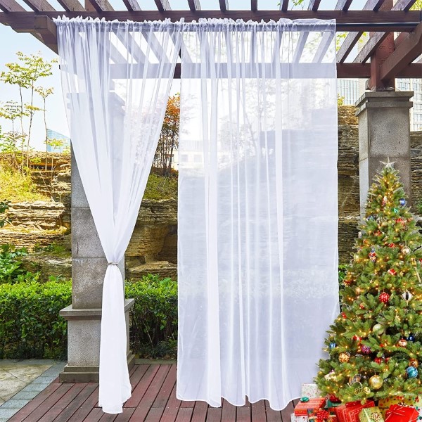 Set of 2 White Sheer Outdoor <a href='/curtain/'>Curtain</a>s for Patio Waterproof Rod Pocket Indoor Outdoor Sheer Airy Voile Drapes 