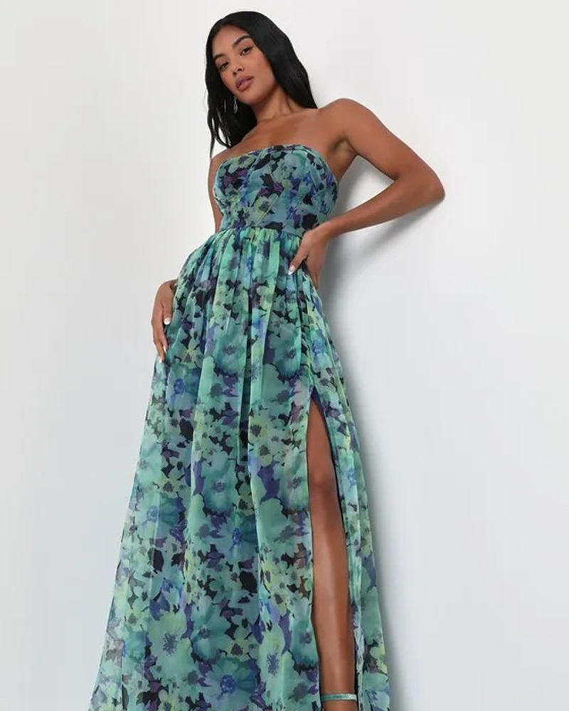 Women custom evening club sexy floral ladies side slit maxi dress