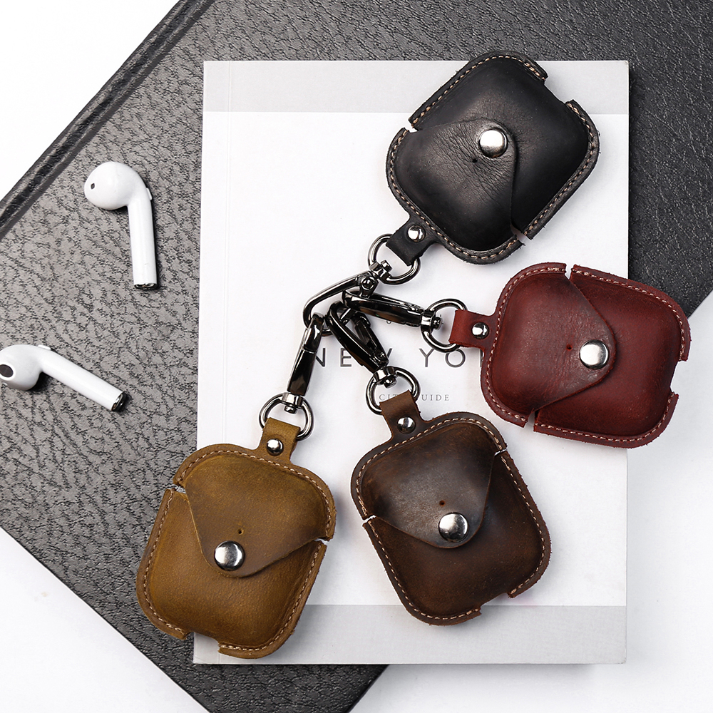 Crazy Horse Leather Earphone Protective Cover, Genuine Leather Full Pack Leather Cover, Wireless Bluetooth Earphone Protective Case with Keychain Compatible Charging Box, AirPods Case