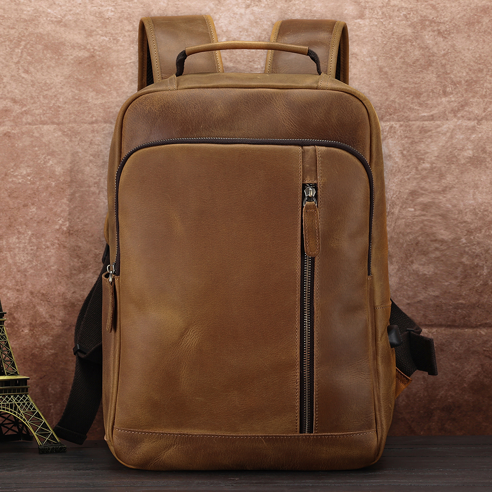 Men's genuine leather double - shoulder backpack, suitable for 15.6 - inch retro laptop. It is made of crazy - horse leather, with large capacity and is suitable for travel.