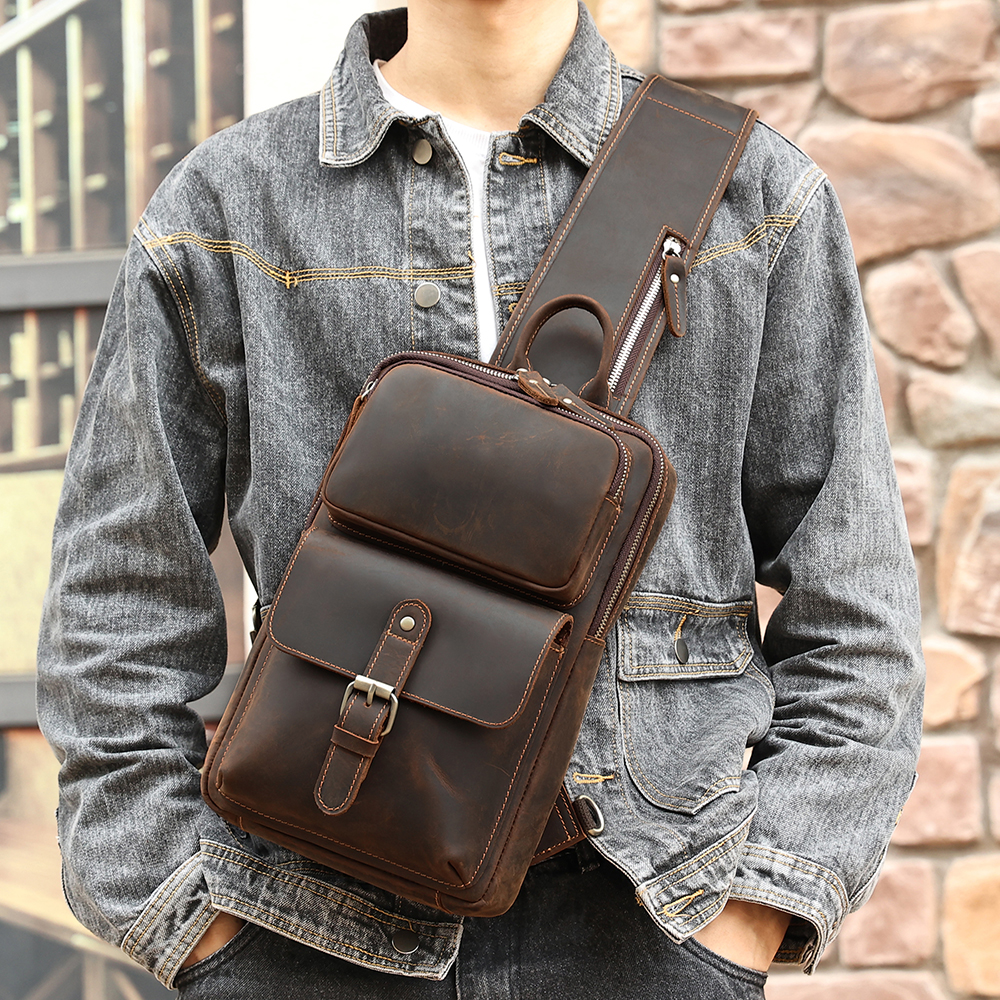 genuine leather men's shoulder bag, retro crazy horse leather crossbody bag, retro casual outdoor chest bag