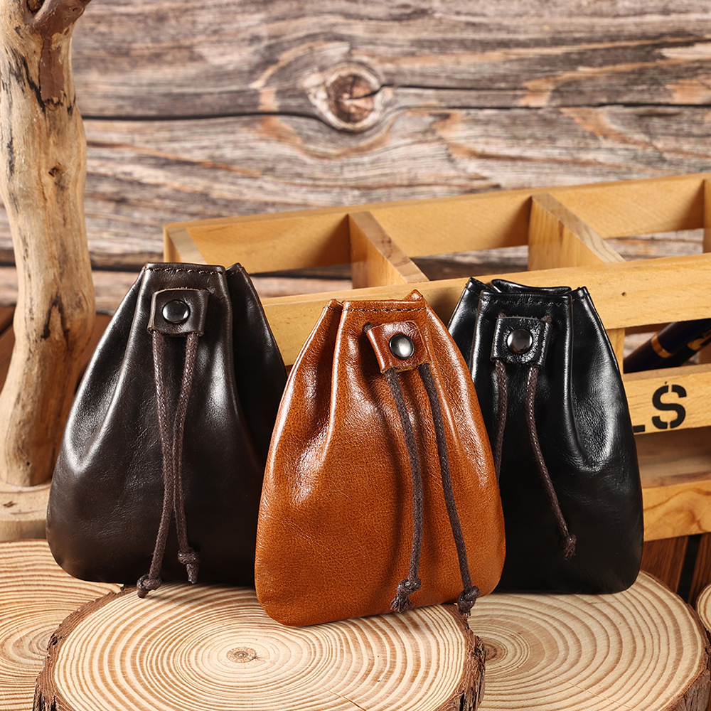 Magical cowhide small drawstring coin purse, retro genuine leather Ruyi hundred treasure bag, coin earphone storage bag, oil wax leather drawstring mini wallet