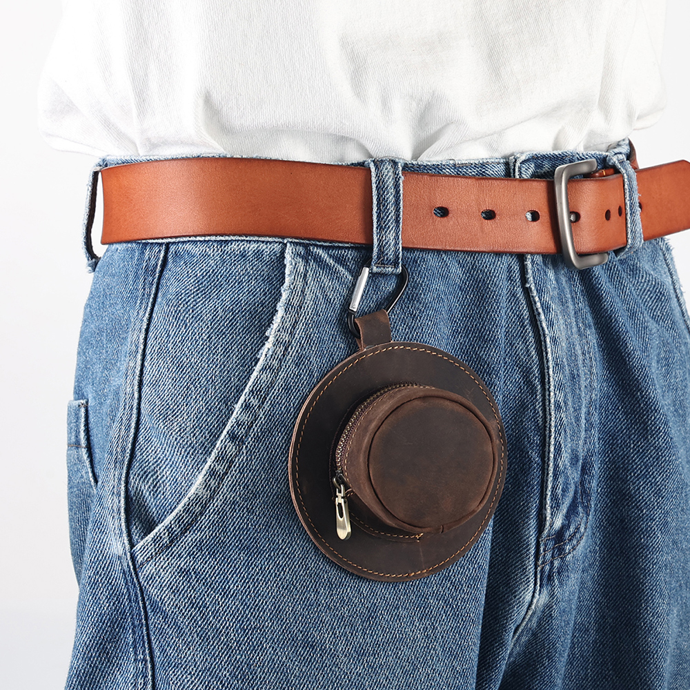 Retro hat mini wallet genuine leather Bluetooth earphones storage bag minimalist backpack pendant creative and personalized wallet