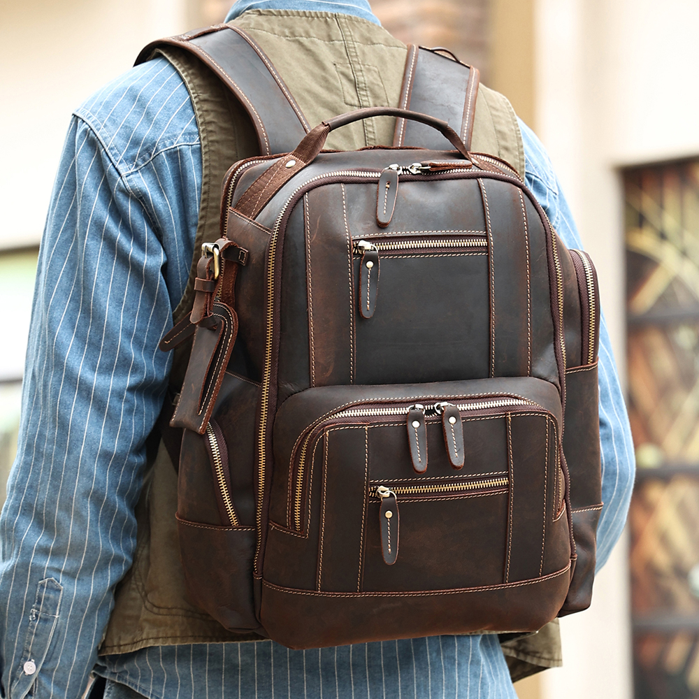 New Men's Retro Leather Backpack 15.6-inch Laptop Bag Large Capacity Crazy Horse Leather/Vegetable Tanning Leather/Plain/Lychee Pattern Backpack Business Travel Hiking Backpack