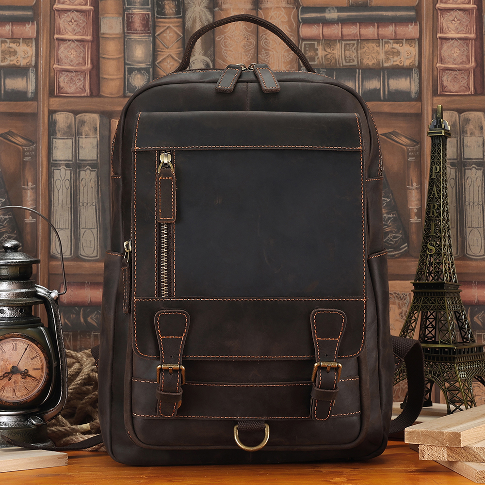 Crazy Horse Skin Business Computer Backpack for Men's Travel Vintage Genuine Leather Men's Laptop Backpack, High Quality Durable Laptop Backpack for Business Theft Prevention