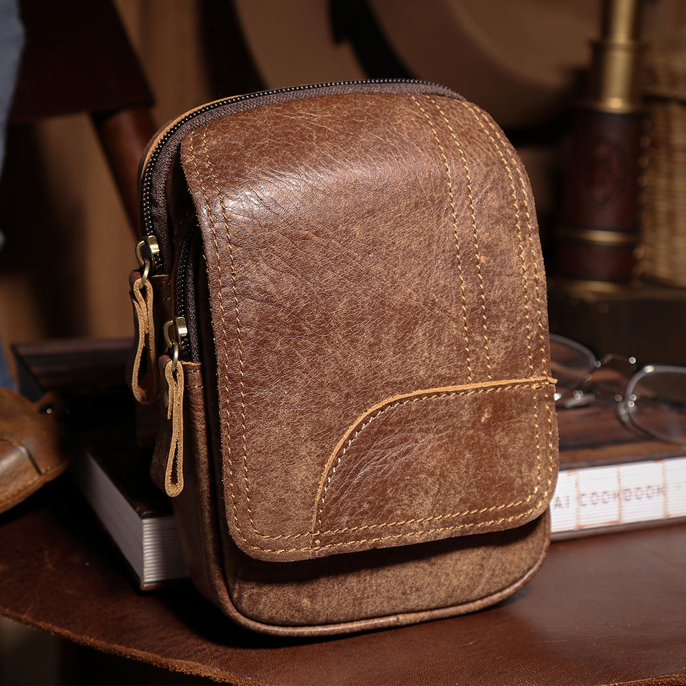 Genuine leather head layer cowhide men's waist bag slim fit convenient for sports work travel, and can be carried with a belt
