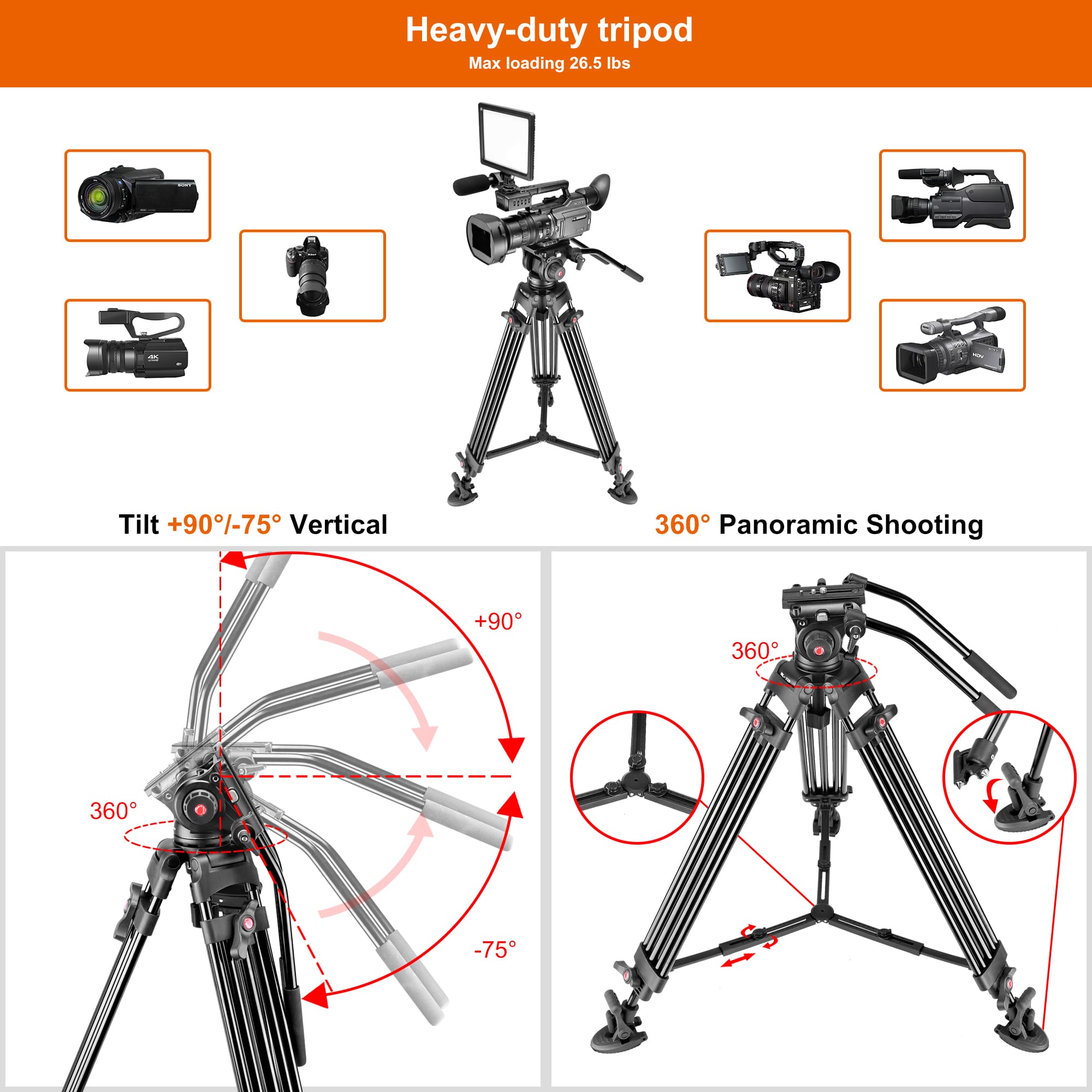 65.7 inch Heavy Duty Rubber Feet Video Camera Tripod detai (1)