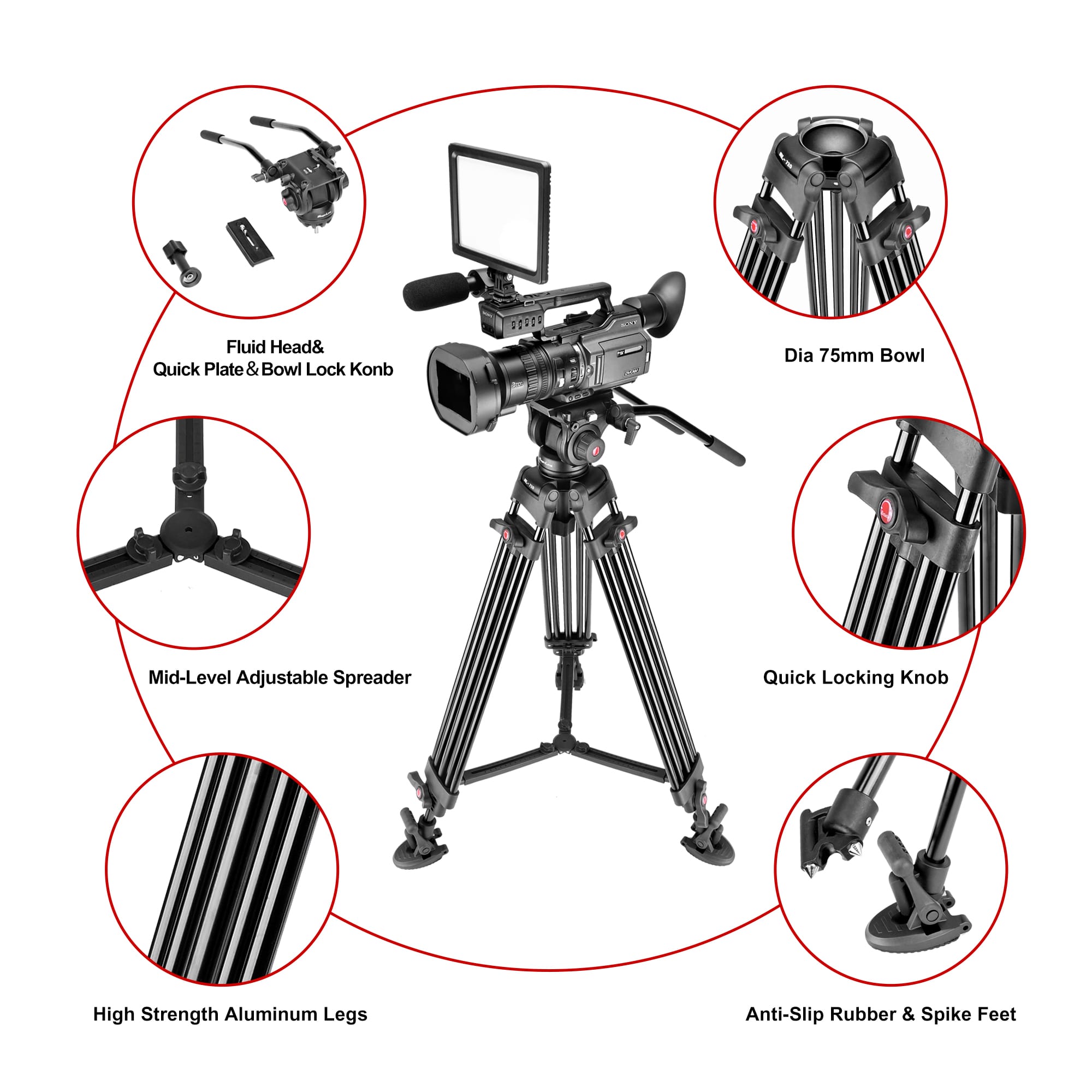 65.7 inch Heavy Duty Rubber Feet Video Camera Tripod detai (2)