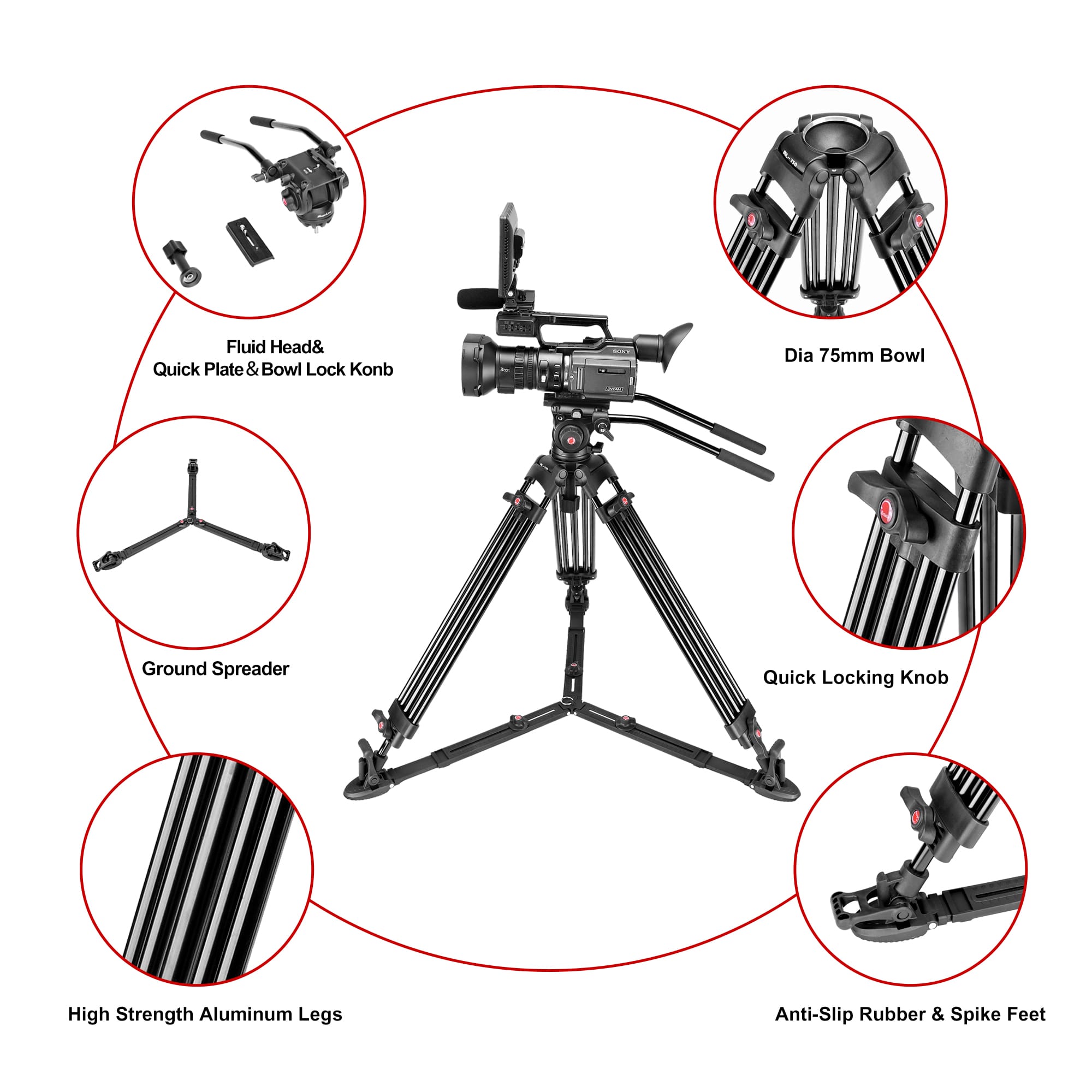 68.7 inch Heavy Duty Camcorder Tripod With Ground Spreader detail (6)