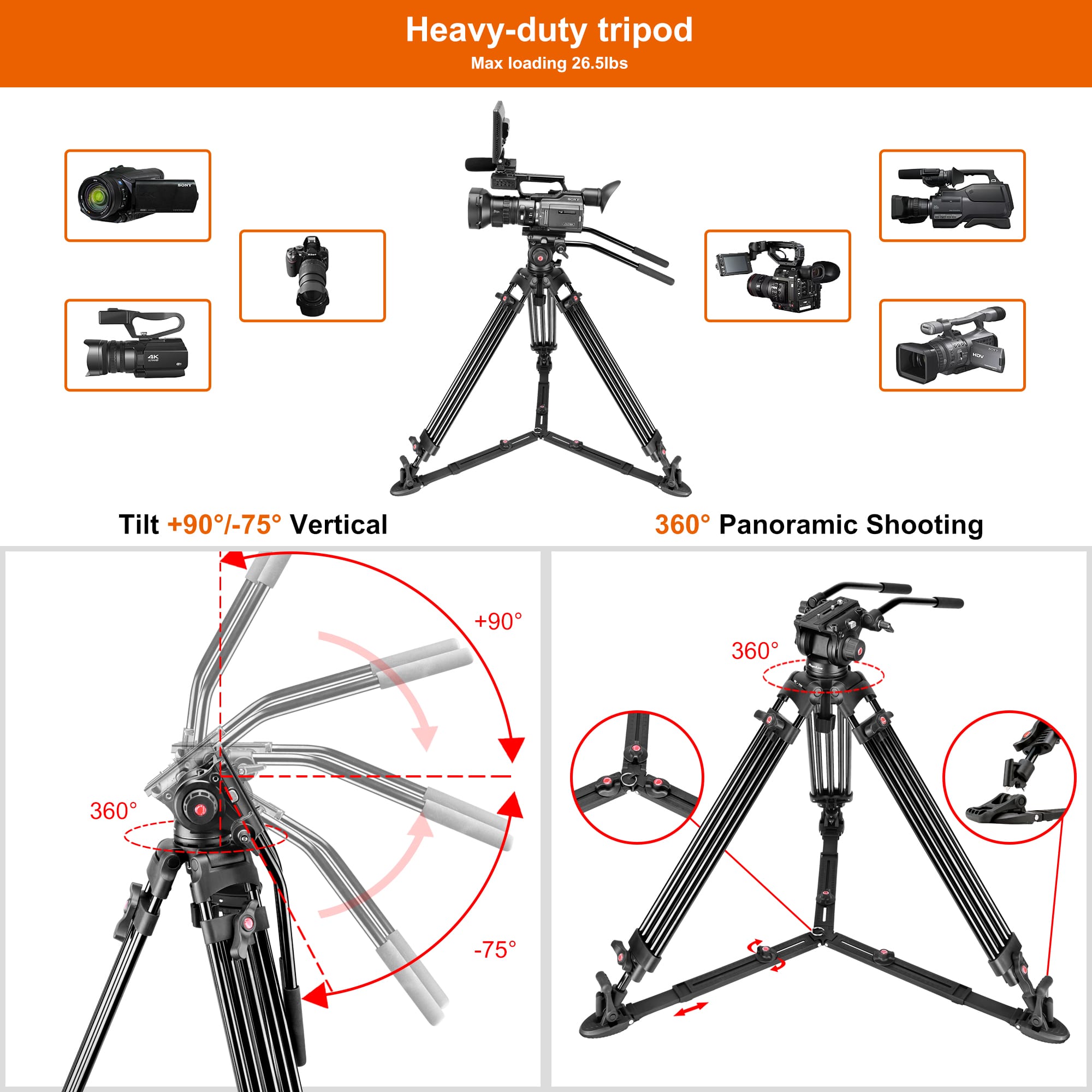 68.7 inch Heavy Duty Camcorder Tripod With Ground Spreader detail (7)