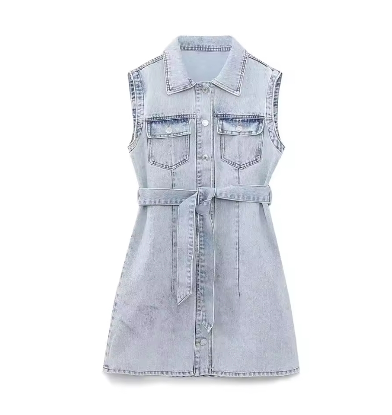  Summer New Fashion Retro Casual Lapel Sleeveless Pocket Decorated Belt Denim Dress