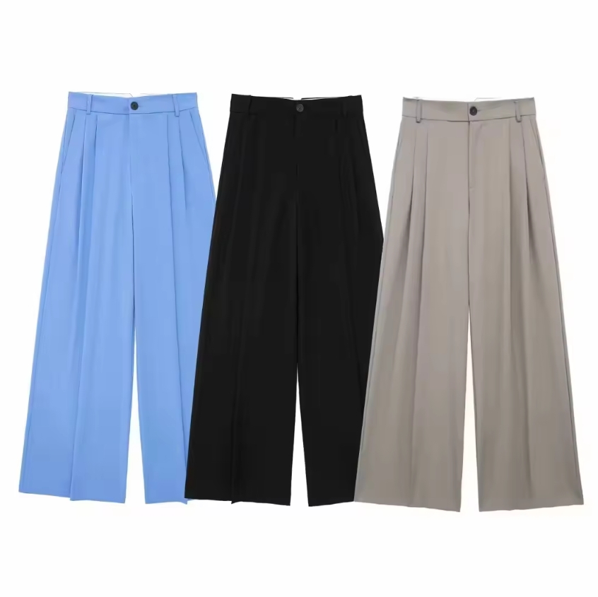 Women Summer New Fashion Pleated Pants High Waist Button Zipper Pocket Casual Chic Female Trousers