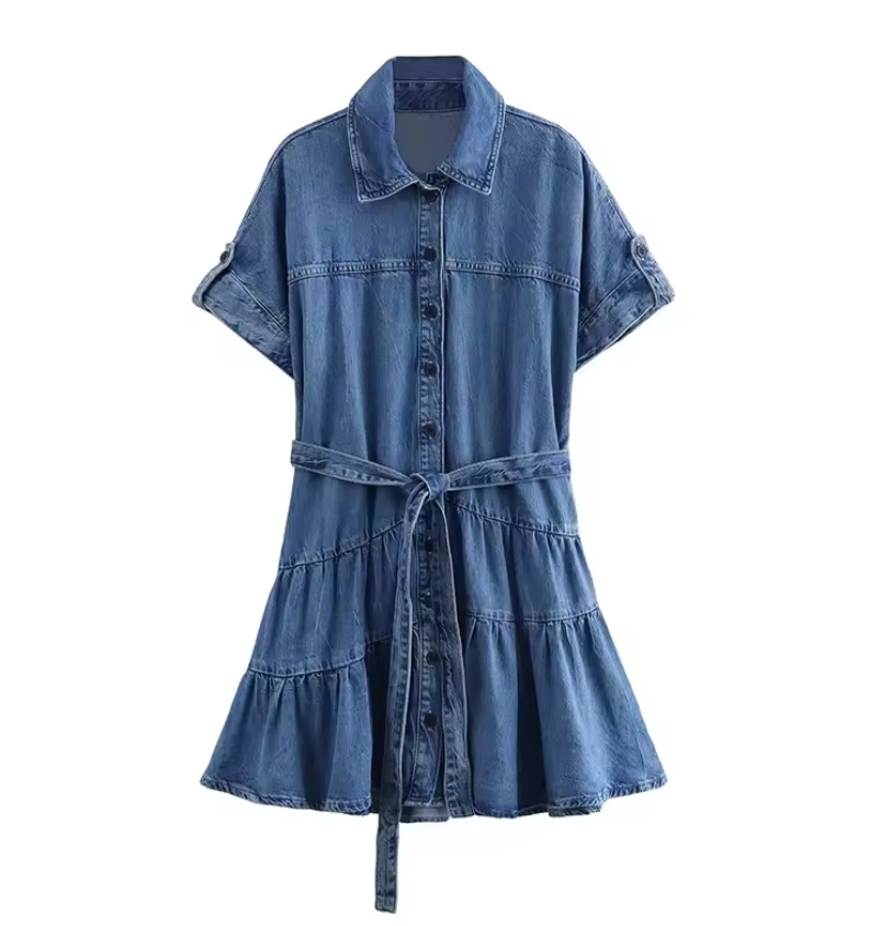 summer New Fashion With Belt Denim Mini Dress Vintage Short Sleeves Button-up Female Dresses 