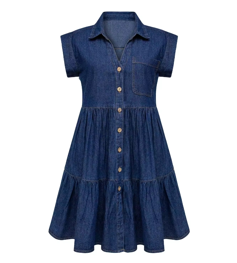 V Neck Pocket Button Up Short Sleeve Ruffle Hem <a href='/denim-jean-dress/'>Denim Jean Dress</a> Women