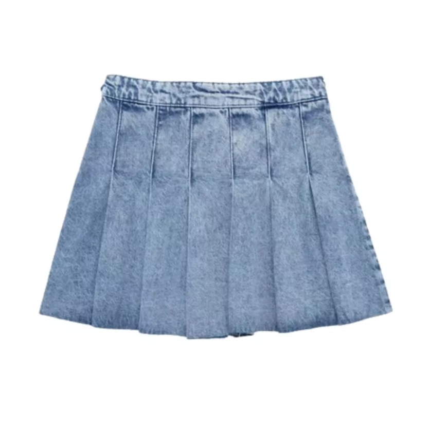 High Quality Spring and Summer New Wide Pleated Solid Color Raw Edge Fashion Denim Mini Skirt