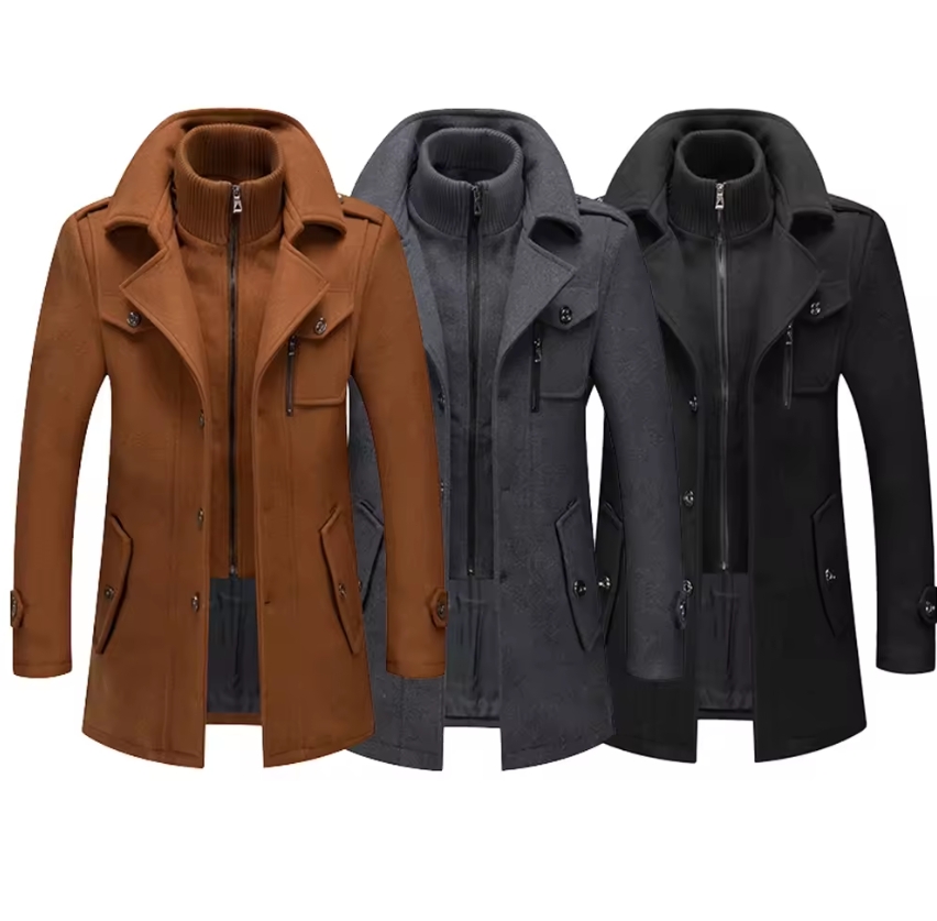  Autumn and Winter New Men's Double Collar Woolen Warm Plus Size Long Windproof Jacket Coat for Men