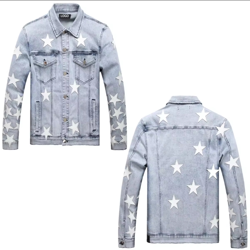 factory outlet wholesale cotton jeans Jacket custom Five pointed star embroidered print denim jacket mens 