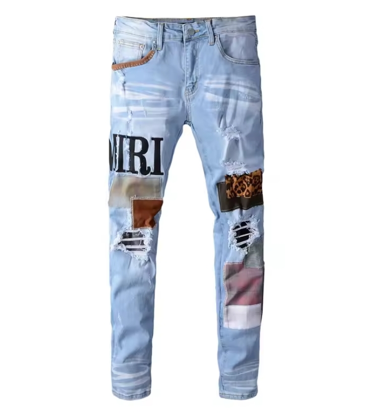 Patch Slim Fit Ripped bleach Blue Washed Denim Jeans Men 