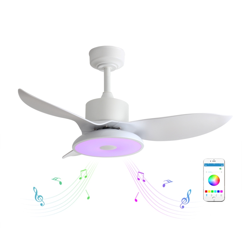 Modern 36 Inch White Music Speaker 3 ABS Blades Remote Control Dc Smart <a href='/ceiling-fan/'>Ceiling Fan</a> with Rgb LED Light