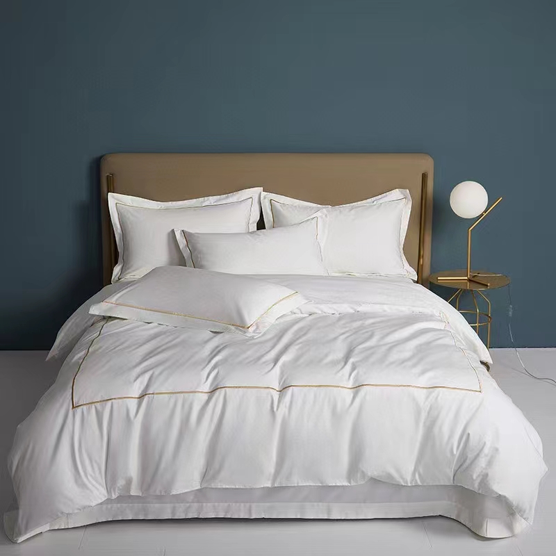 <a href='/100-cotton/'>100% Cotton</a> White 300TC Bedding Sheet Set Single Line Embroidered Duvet Cover