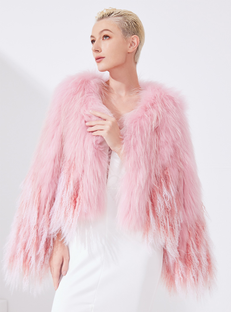 HG7403KNITTED WHITE RACCOON WITH LAMB JACKET 60CM