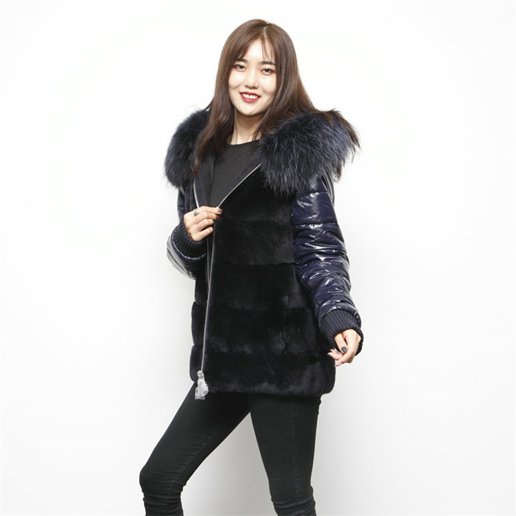 HHC017D 	 REX RABBIT COAT WITH RACCOON TRIM