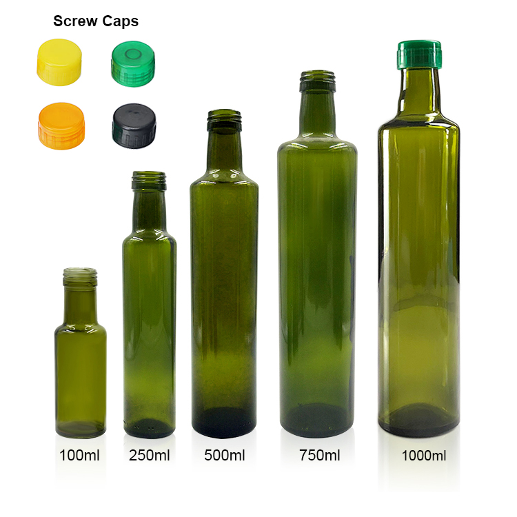 Bulk 100ml 250ml 500ml 750ml 1L Empty Square Round Dark Green Marasca Cooking Olive Oil Glass Bottles