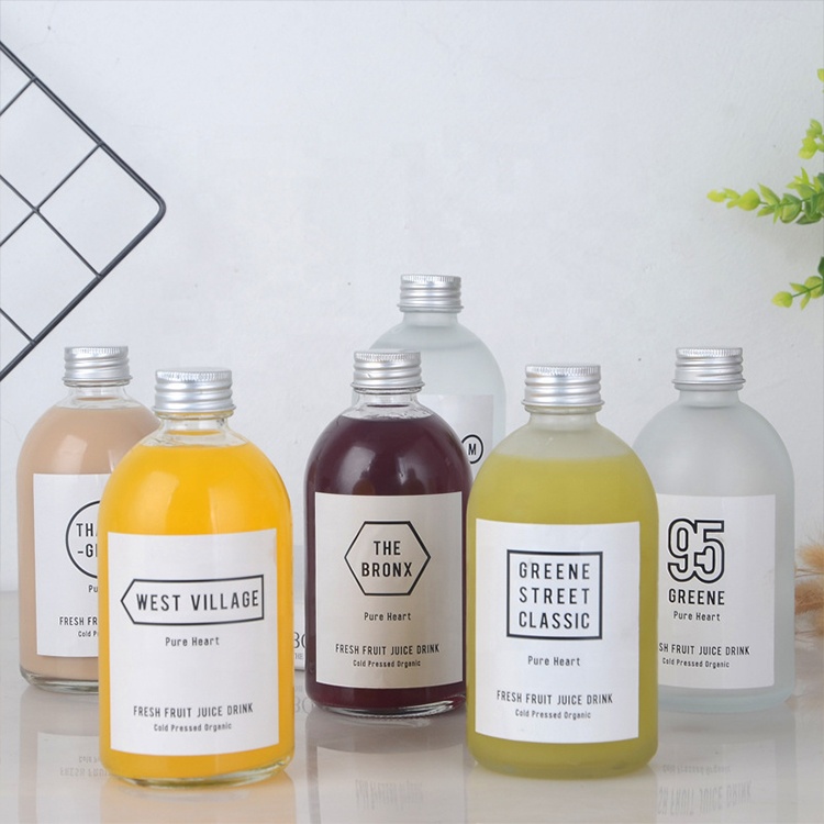 Aluminum Cap Clear Round Glass Beverage Bottle Drinking For Kombucha Cold Brew Juice With Logo Printing